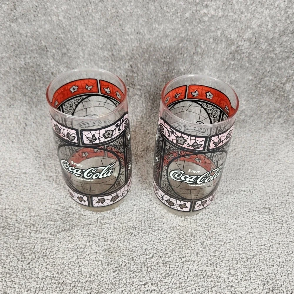 Coca-Cola Drinking Glasses Red Tiffany Stained Glass Style Vintage Set of 2 OS
